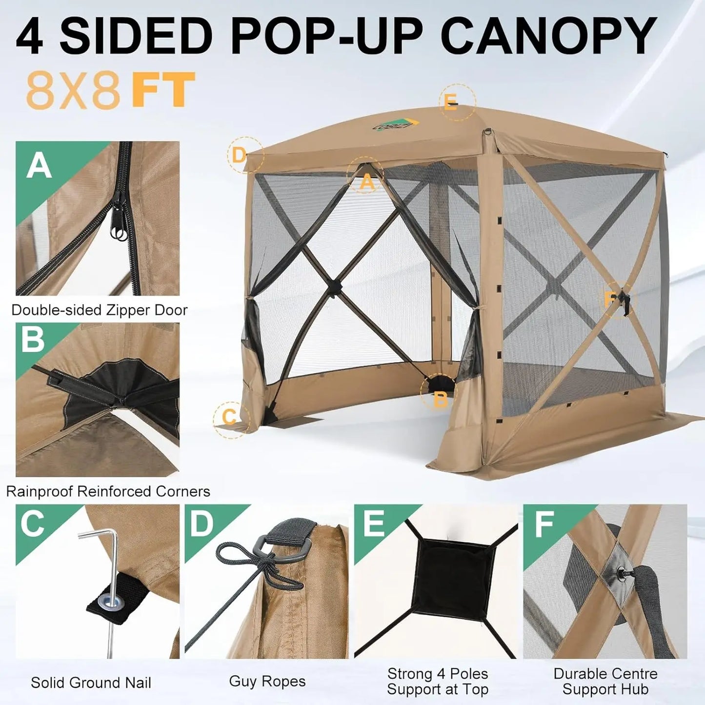 8x8ft Pop Up Gazebo Screen Tent Portable Outdoor Canopy Sunshade Shelter Awning With Carry Bag Ground Stakes With 3 Sidewall