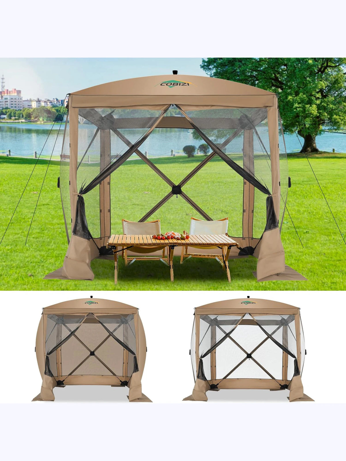 8x8ft Pop Up Gazebo Screen Tent Portable Outdoor Canopy Sunshade Shelter Awning With Carry Bag Ground Stakes With 3 Sidewall