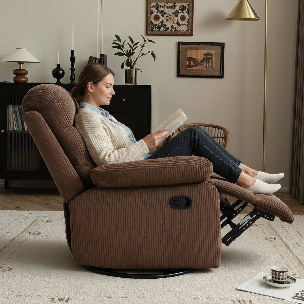 Corduroy Swivel Recliner Chair, Manual Reclining with Footrest, Comfortable Single Sofa for Living Room Bedroom