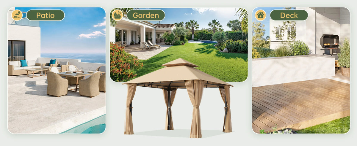 Aoxun 10x10FT Gazebo with Mosquito Netting Double Roof Outdoor Party Tent with Zipper Screens for Backyard Garden