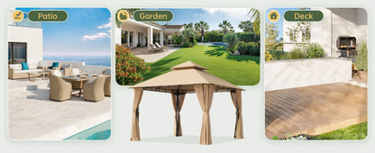 Aoxun 10x10FT Gazebo with Mosquito Netting Double Roof Outdoor Party Tent with Zipper Screens for Backyard Garden