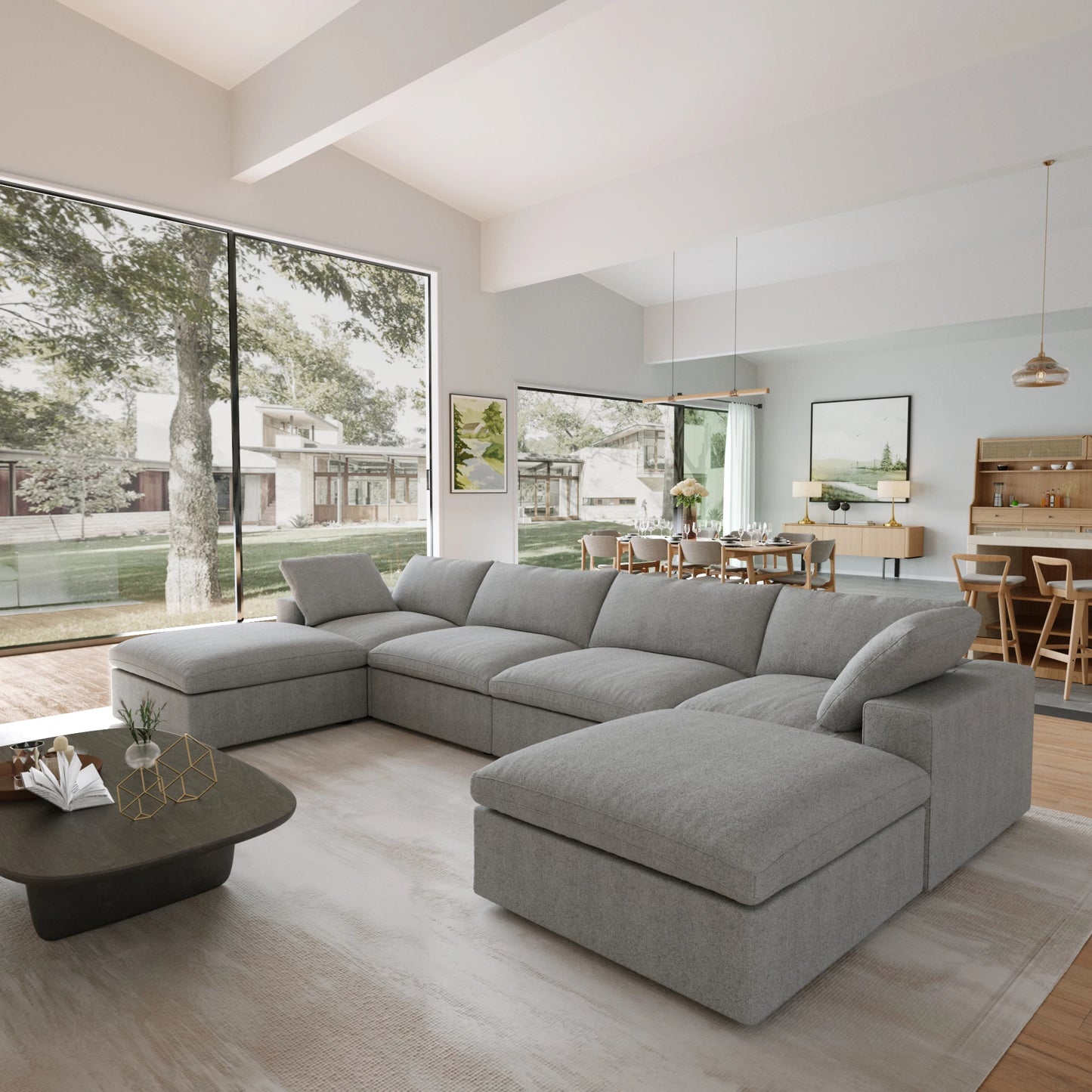 Modular Convertible Cloud Couch 6-Seats U-Shaped Couches Comfy Down Filled Sectional Sofa With Ottomans Removable Cushion Covers