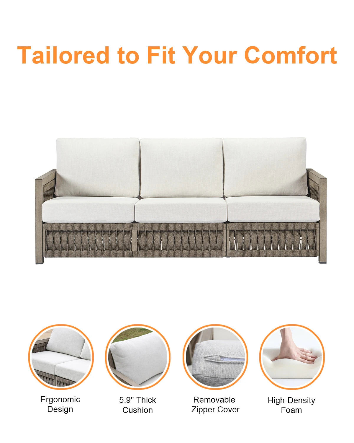 SeeHill 3-Seater Outdoor Sofa, Aluminum Patio Couch with Washable Cushions, Rope Weave Deep Seating Sofa for Garden, Gray Oak