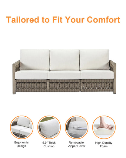 SeeHill 3-Seater Outdoor Sofa, Aluminum Patio Couch with Washable Cushions, Rope Weave Deep Seating Sofa for Garden, Gray Oak