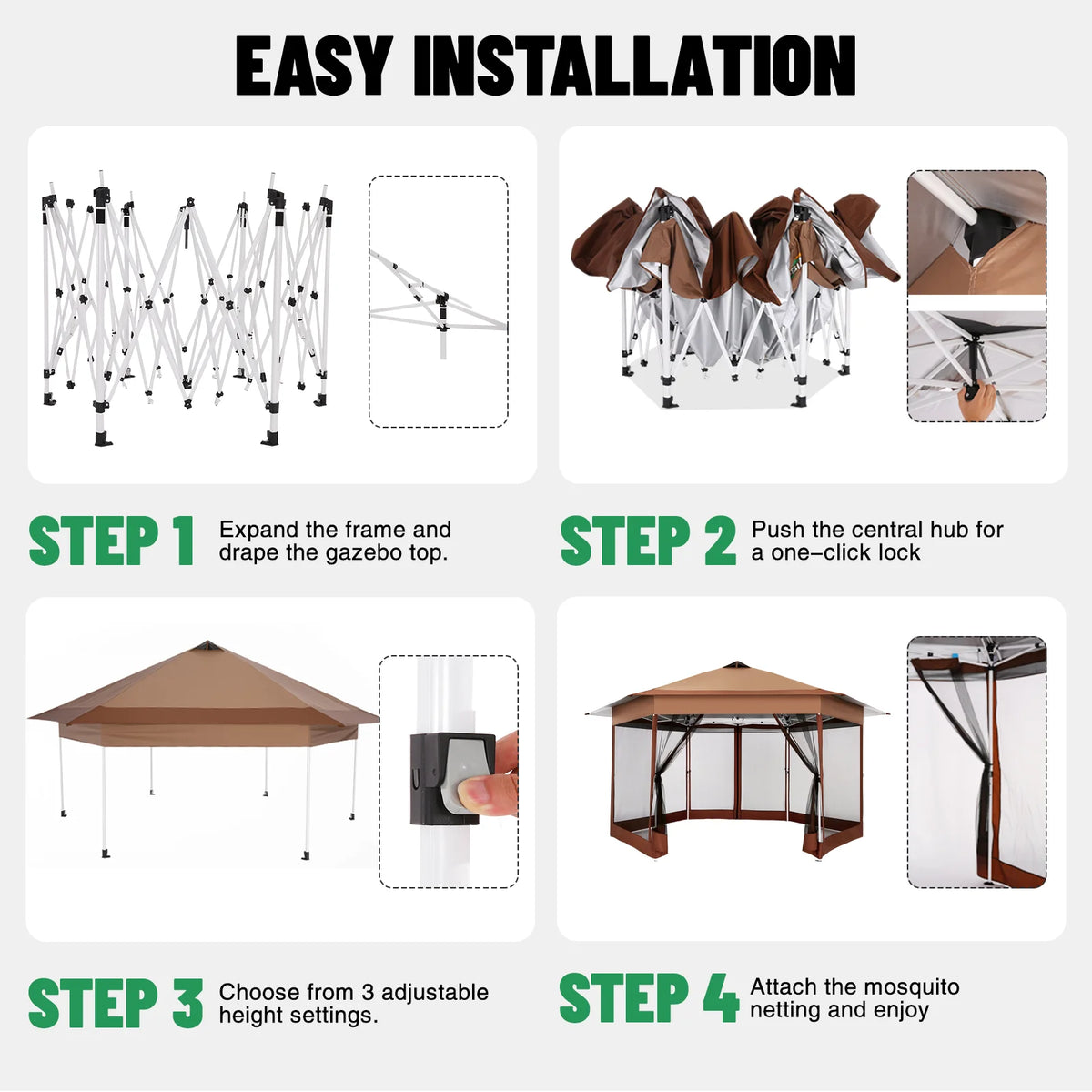 16x16FT Pop Up Gazebo Tent with Mosquito Netting, Gazebos on Clearance, Hexagonal Outdoor Canopy Shelter, Patented Center Lock 6-Sided Portable Gazebos, Pop Up Canopy Tent for Backyard