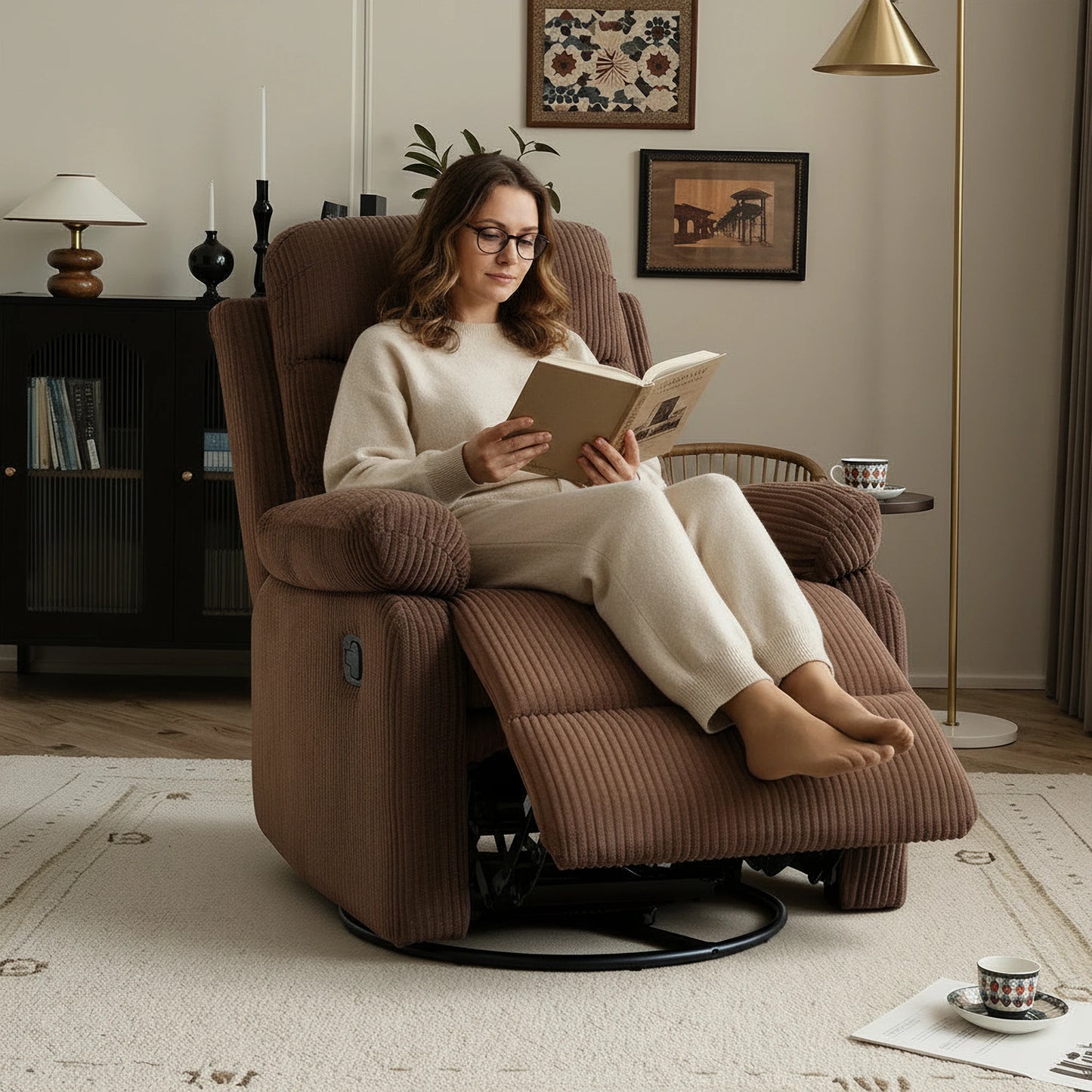 Corduroy Swivel Recliner Chair, Manual Reclining with Footrest, Comfortable Single Sofa for Living Room Bedroom