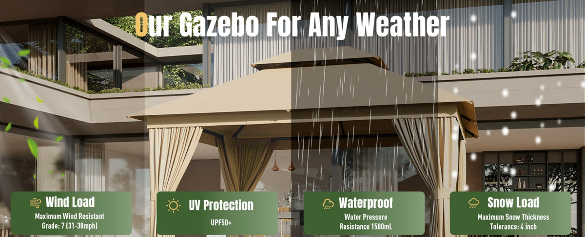 Aoxun 12x10 Heavy Duty Gazebo with Curtain and Mosquito Netting Double Roof Patio Tent Zipper Screen Backyard Garden Lawn Shelter Beige