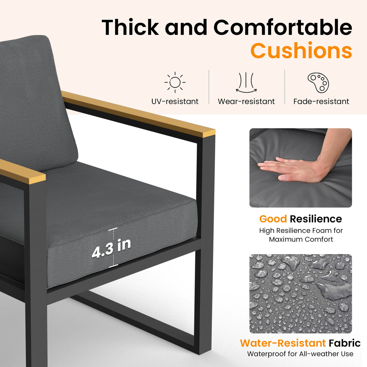 4 Pieces Outdoor Patio Furniture Set, Easy to Clean Metal Balcony Furniture with Plastic-Wood Coffee Table, All-Weather Patio Co