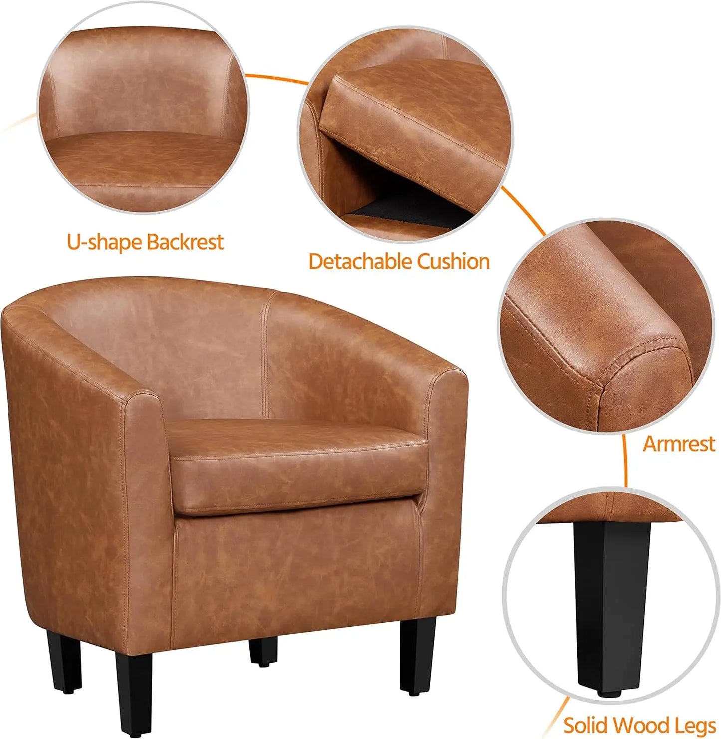 Accent Chairs Set of 2, Faux Leather Barrel Chairs Comfy Club Chairs, Modern Leather Armchairs with Soft Seat for Living Room