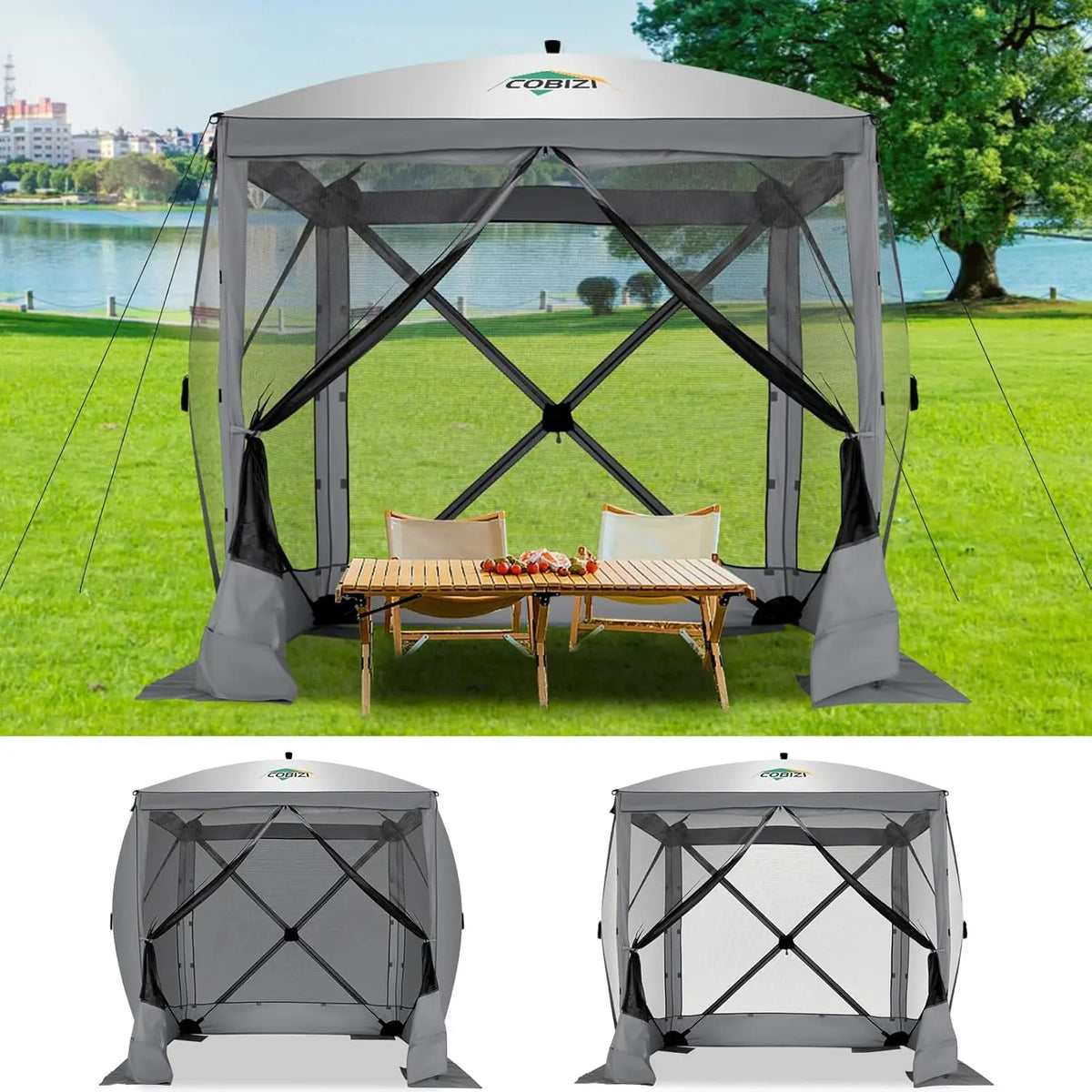 8x8ft Pop Up Gazebo Screen Tent Portable Outdoor Canopy Sunshade Shelter Awning With Carry Bag Ground Stakes With 3 Sidewall
