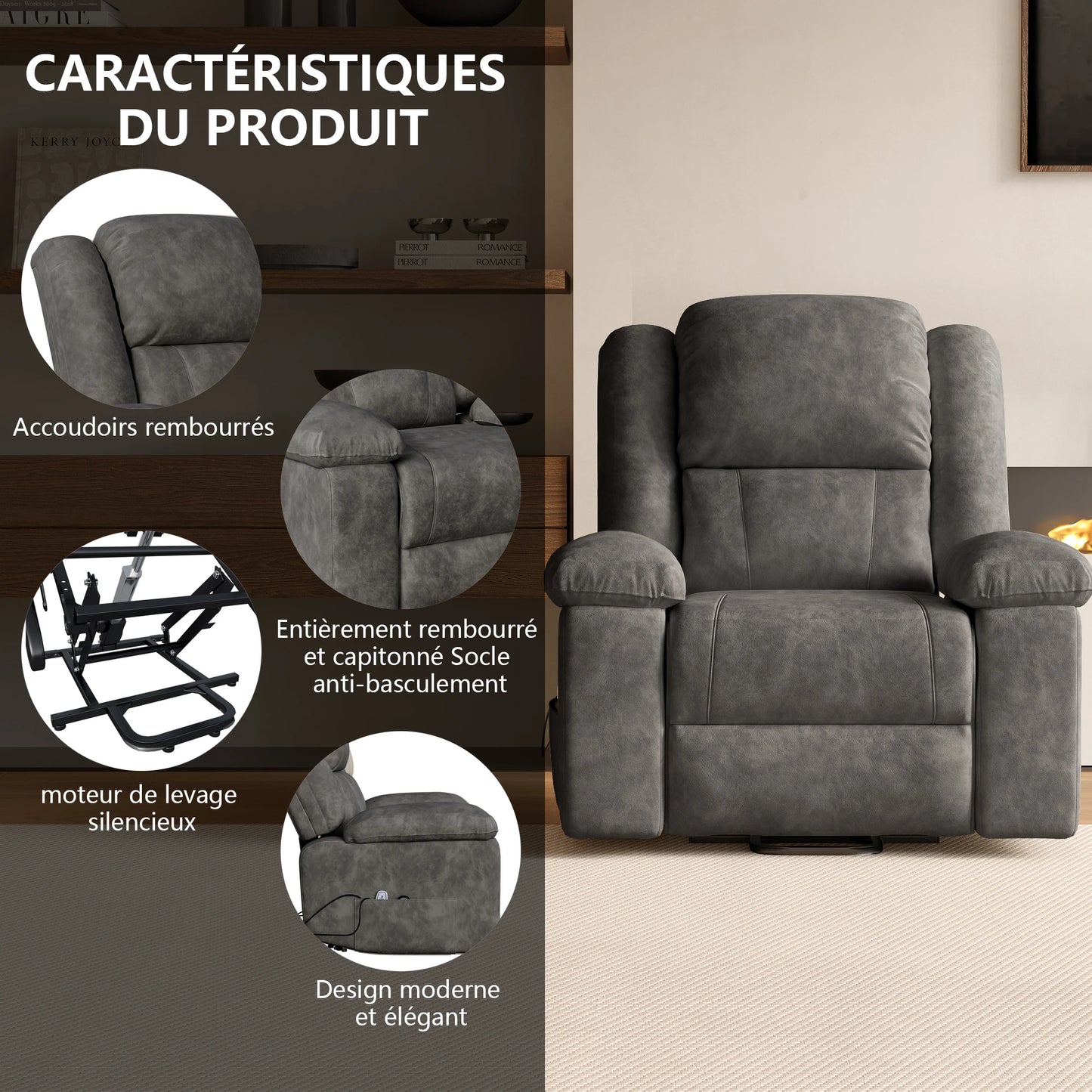 Electric heated Massage Armchair, Armchair Relaxation with reclinting function, vibrating Massage and heating, Gray
