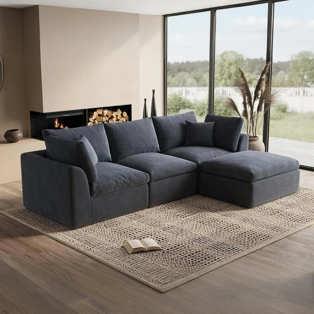 Modern Fabric Upholstered Compressed Cloud Sofa Ready to Ship USA Warehouse Villa L-Shaped Sectional for Living Room