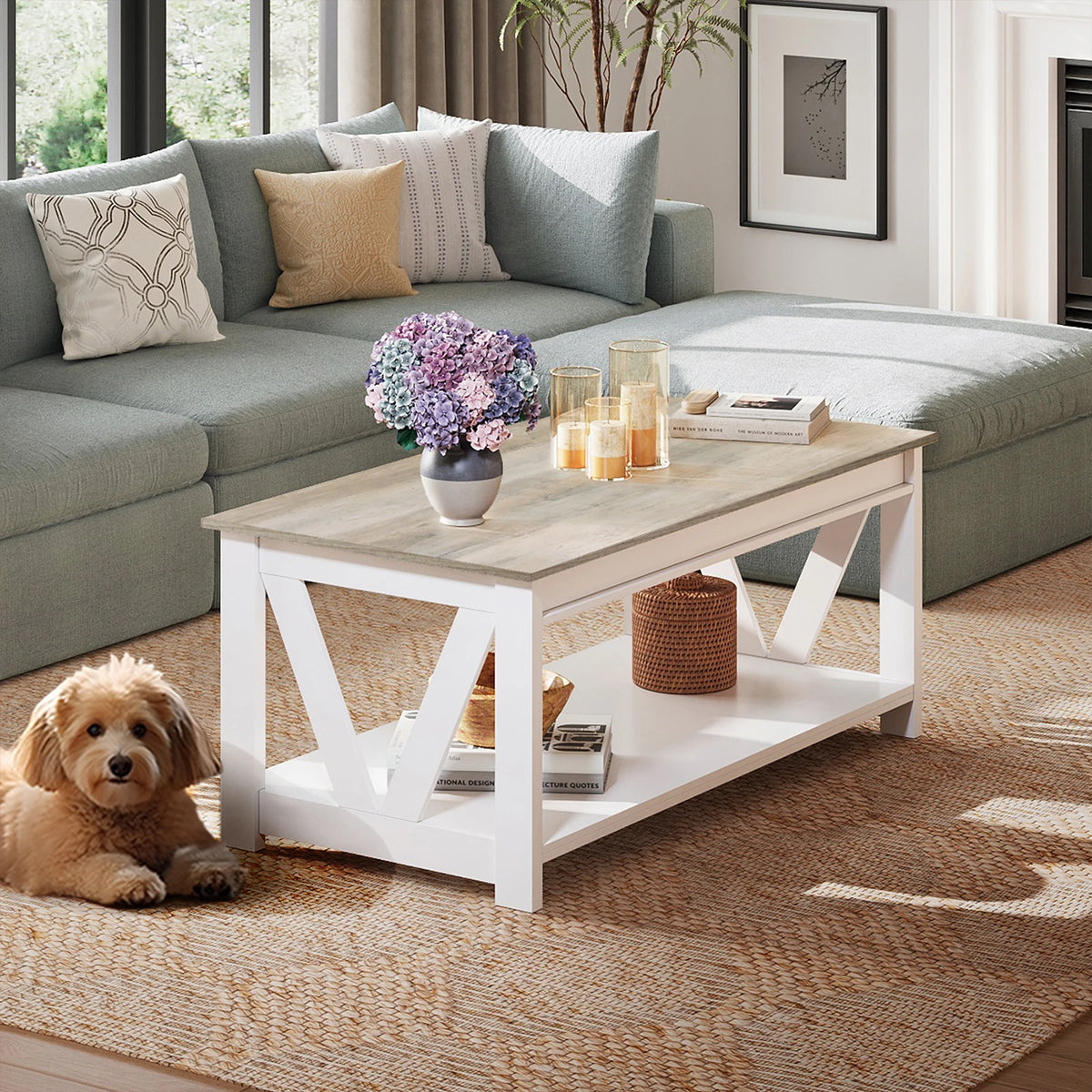 GALAXHERO Coffee Table Storage Shelf Sturdy V Shaped Support Farmhouse Wood Center Table for Living Room Bedroom Office Balcony
