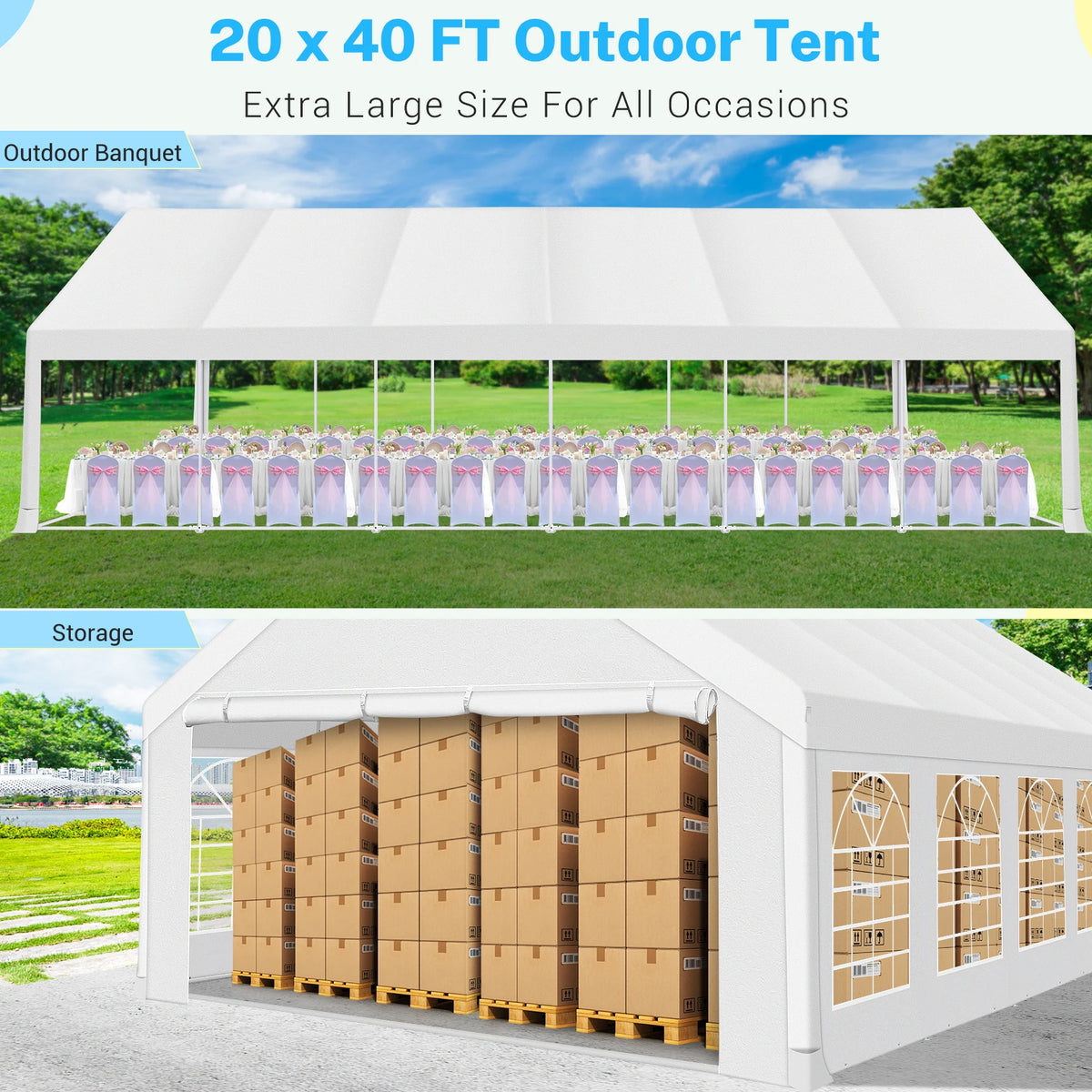 20x40FT Party Tent Heavy Duty Outdoor White Gazebo Event Shelter Wedding Canopy Tent for Parties Carport BBQ with Removable Sidewall Windows, Powder Coating (Better Than Galvanized)