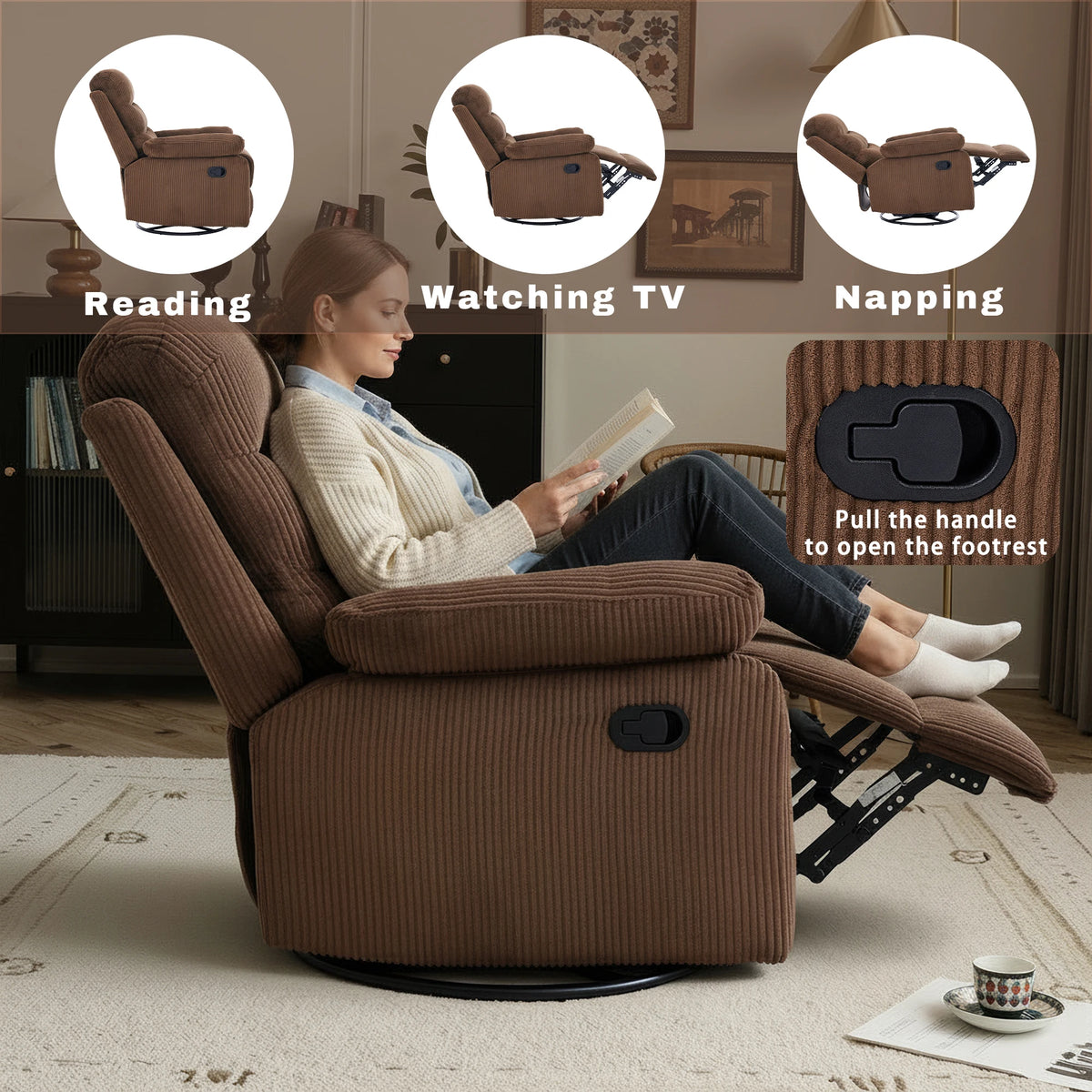 Corduroy Swivel Recliner Chair, Manual Reclining with Footrest, Comfortable Single Sofa for Living Room Bedroom