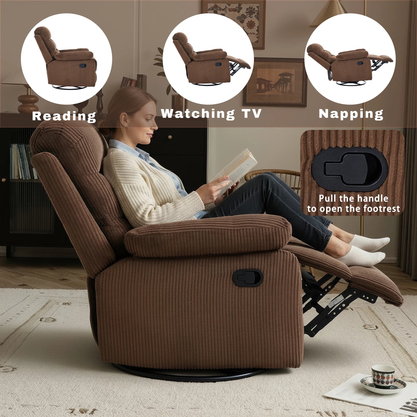 Corduroy Swivel Recliner Chair, Manual Reclining with Footrest, Comfortable Single Sofa for Living Room Bedroom