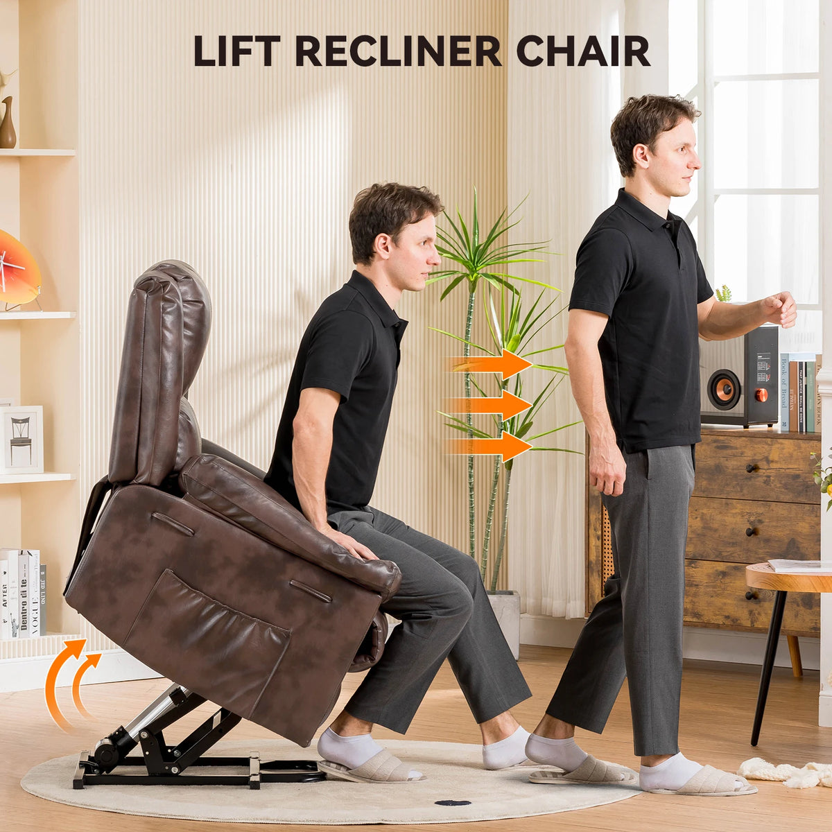 Comhoma Power Lift Recliner for Elderly, Lift Chair with Heat and Massage, Pu Recliner Sofa with Timing Function, Brown
