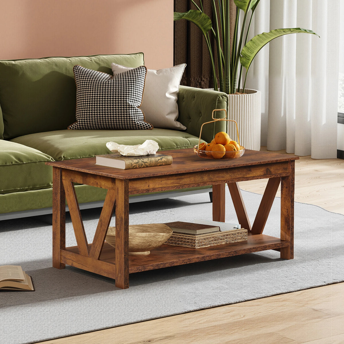 GALAXHERO Coffee Table Storage Shelf Sturdy V Shaped Support Farmhouse Wood Center Table for Living Room Bedroom Office Balcony