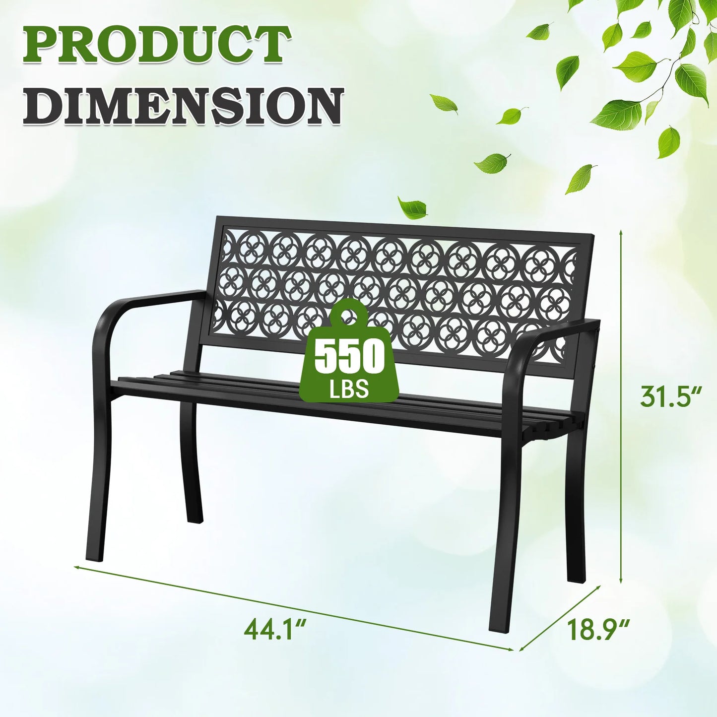 50" Heavy-Duty Garden Bench,600LBS Wrought Iron Welcome Patio Bench with PVC Back and, Outdoor Bench with Armrests for Porch