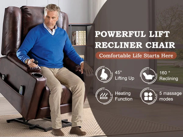 Comhoma Power Lift Recliner for Elderly, Lift Chair with Heat and Massage, Pu Recliner Sofa with Cup Holder
