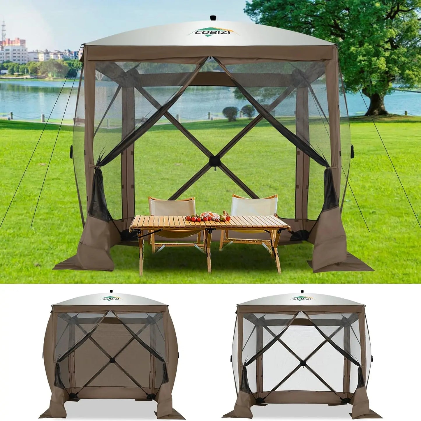8x8ft Pop Up Gazebo Screen Tent Portable Outdoor Canopy Sunshade Shelter Awning With Carry Bag Ground Stakes With 3 Sidewall