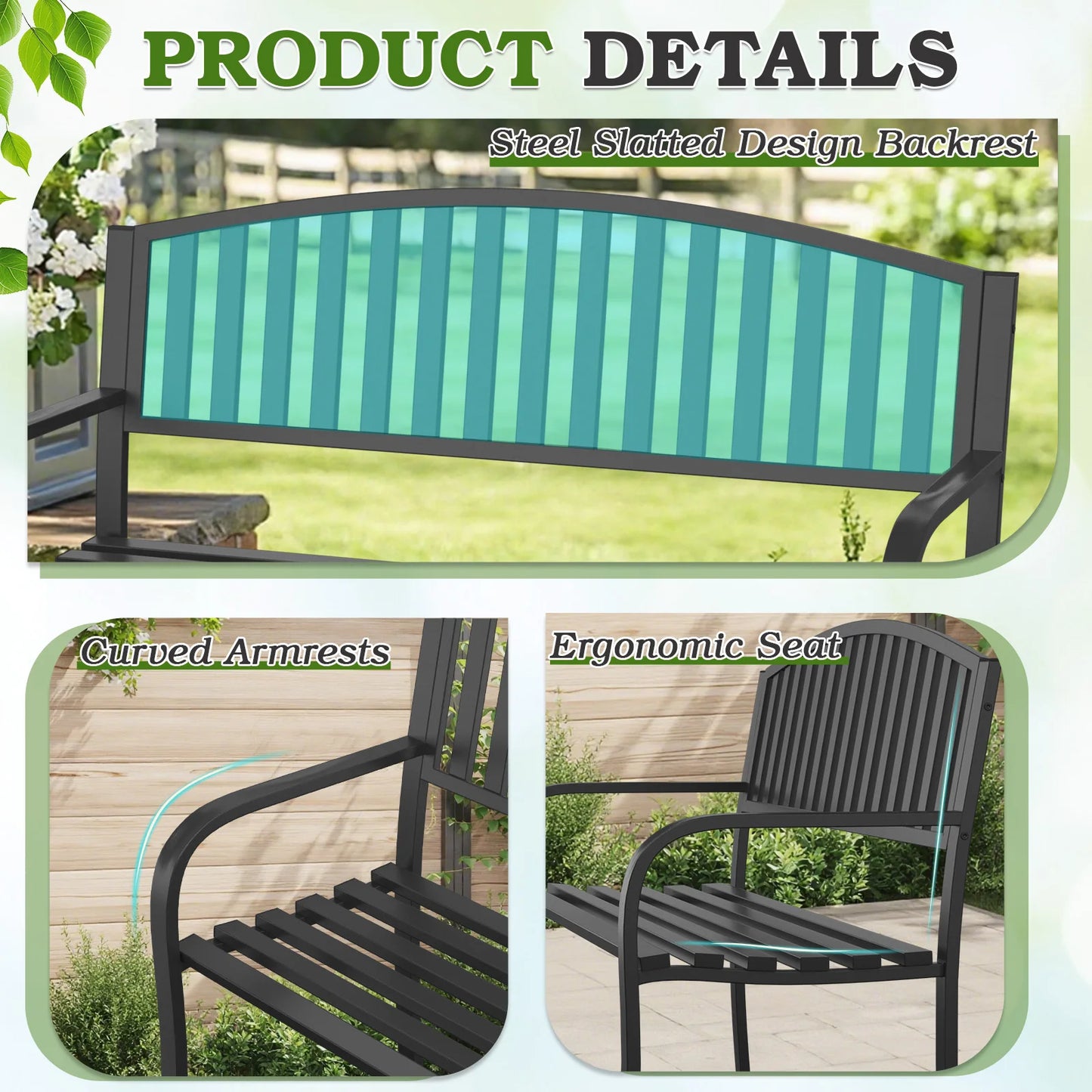 50" Heavy-Duty Garden Bench,600LBS Wrought Iron Welcome Patio Bench with PVC Back and, Outdoor Bench with Armrests for Porch