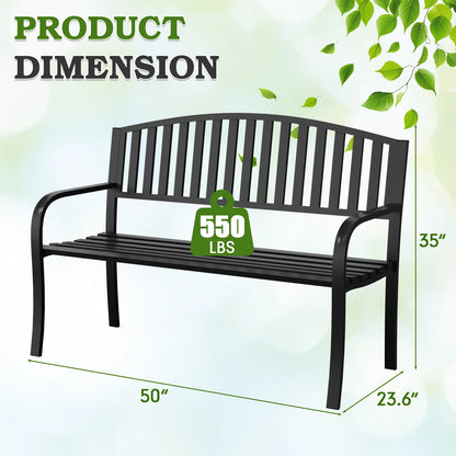 50" Heavy-Duty Garden Bench,600LBS Wrought Iron Welcome Patio Bench with PVC Back and, Outdoor Bench with Armrests for Porch