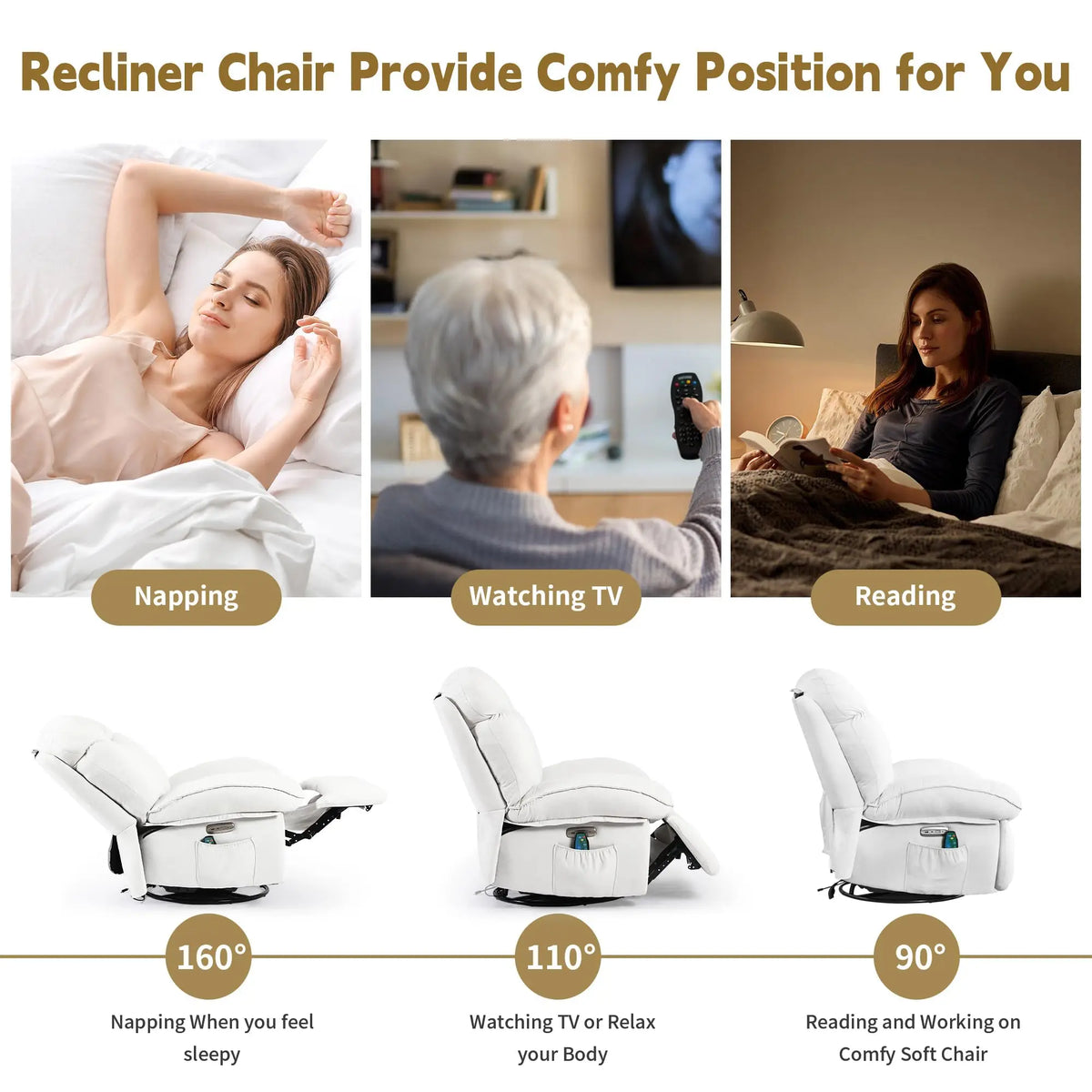 Electric Recliner Relax Chair with Heating, USB-A and USB-C Charging Ports for Bedroom, Living Room, Study - White