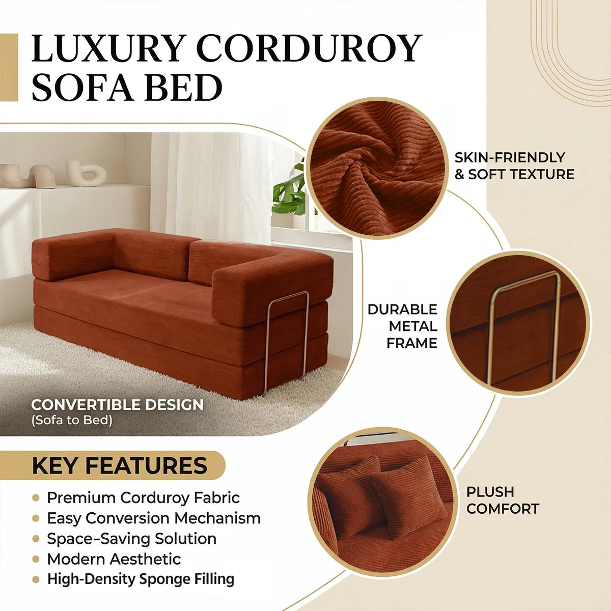 Queen Size Futon Sofa Bed 79' Convertible Couch 4-in-1 Folding Corduroy Boneless Sleeper Loveseat for Living Room