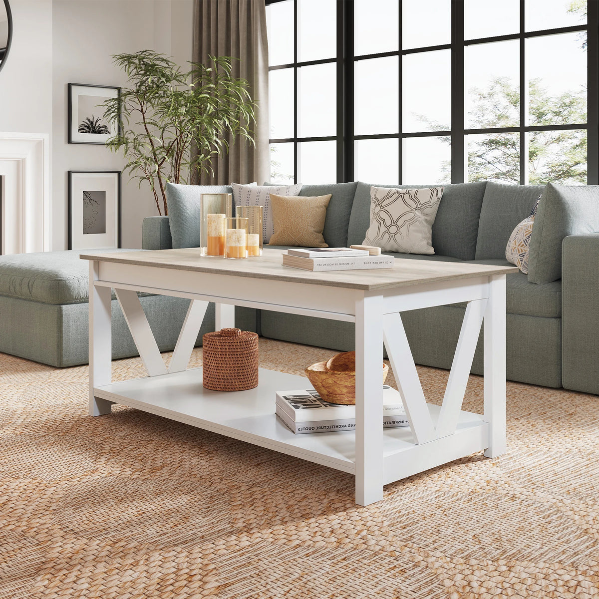 GALAXHERO Coffee Table Storage Shelf Sturdy V Shaped Support Farmhouse Wood Center Table for Living Room Bedroom Office Balcony