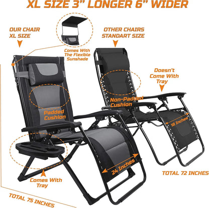 XXL Oversize Recliner Folding Chair for Camping Patio Outdoors Zero Gravity Extra Wide Reclining Padded Seats with Sunshade and