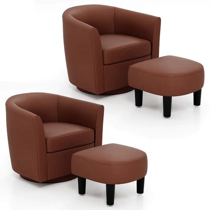 2PCS Swivel Barrel Chair w/Ottoman Footrest Curved Backrest Armrests Living Room