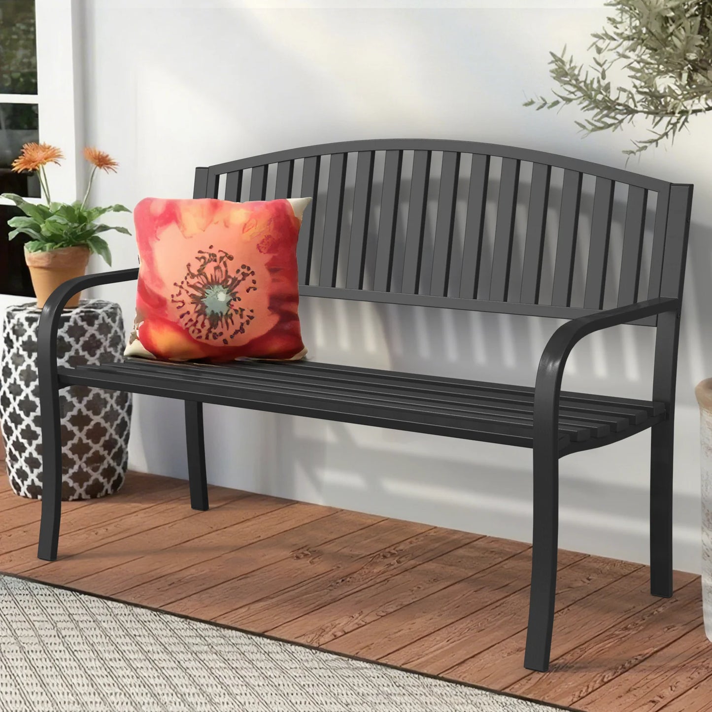 50" Heavy-Duty Garden Bench,600LBS Wrought Iron Welcome Patio Bench with PVC Back and, Outdoor Bench with Armrests for Porch