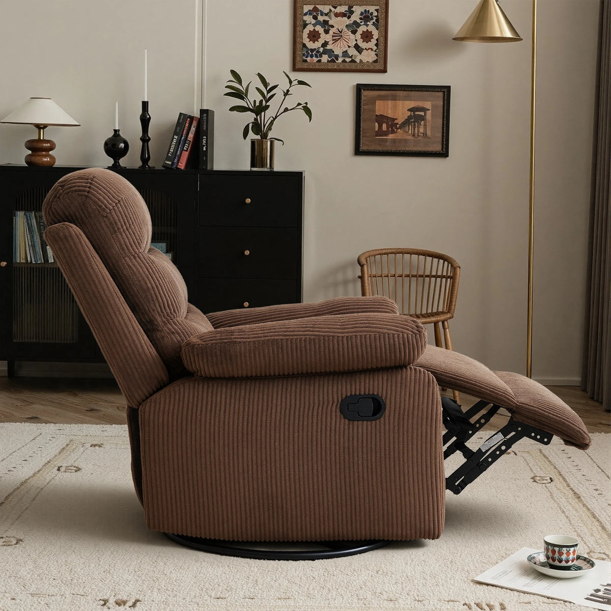 Corduroy Swivel Recliner Chair, Manual Reclining with Footrest, Comfortable Single Sofa for Living Room Bedroom