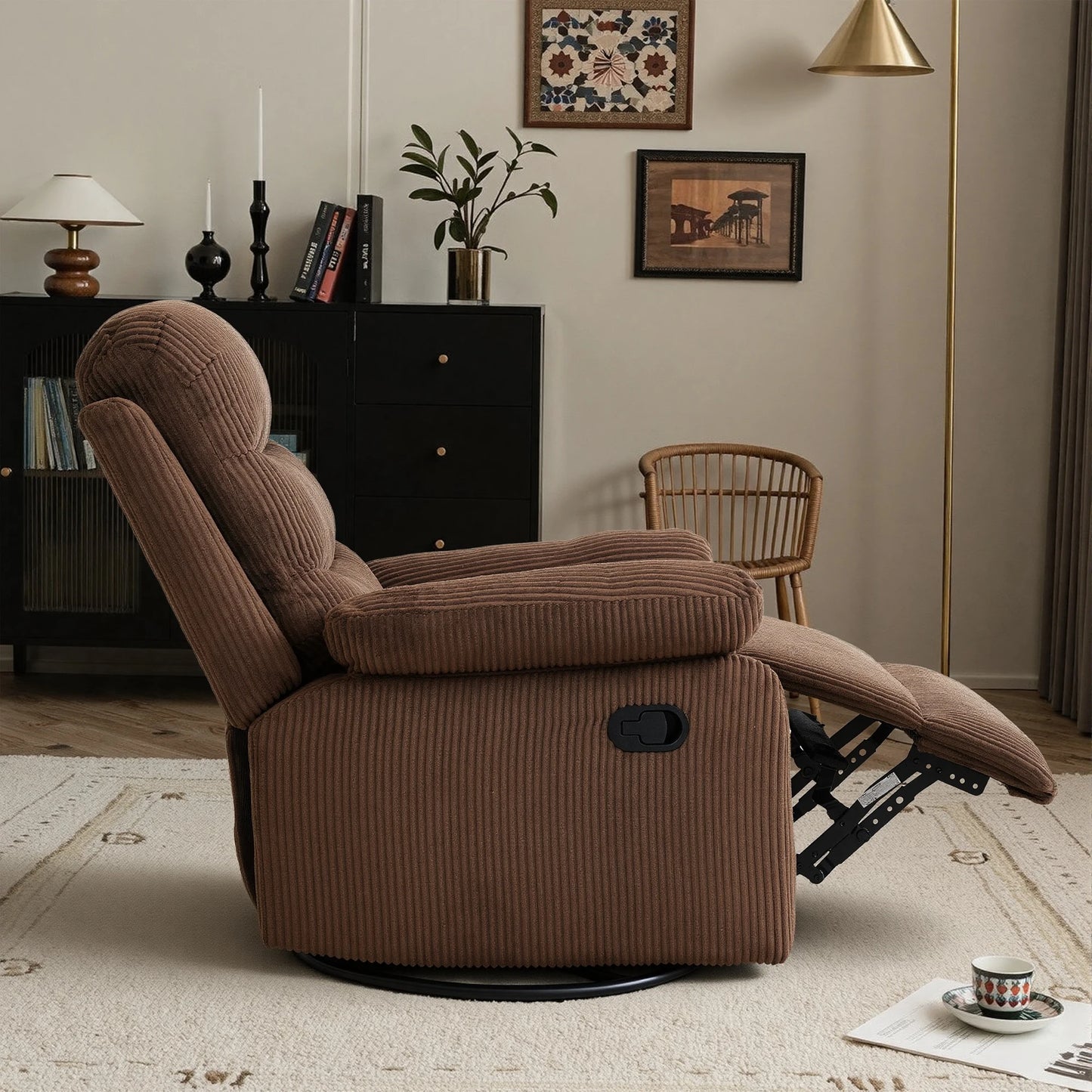 Corduroy Swivel Recliner Chair, Manual Reclining with Footrest, Comfortable Single Sofa for Living Room Bedroom
