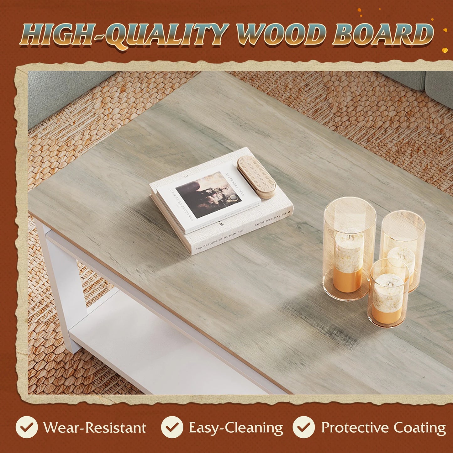 GALAXHERO Coffee Table Storage Shelf Sturdy V Shaped Support Farmhouse Wood Center Table for Living Room Bedroom Office Balcony