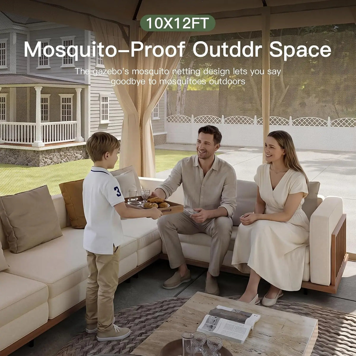 Aoxun 12x10 Heavy Duty Gazebo with Curtain and Mosquito Netting Double Roof Patio Tent Zipper Screen Backyard Garden Lawn Shelter Beige