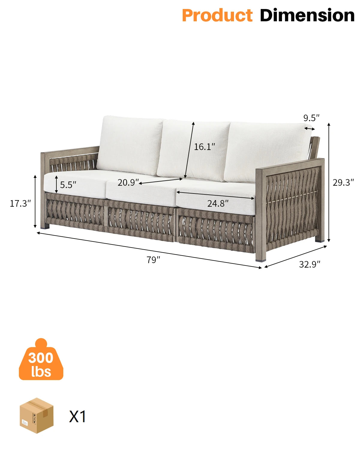 SeeHill 3-Seater Outdoor Sofa, Aluminum Patio Couch with Washable Cushions, Rope Weave Deep Seating Sofa for Garden, Gray Oak