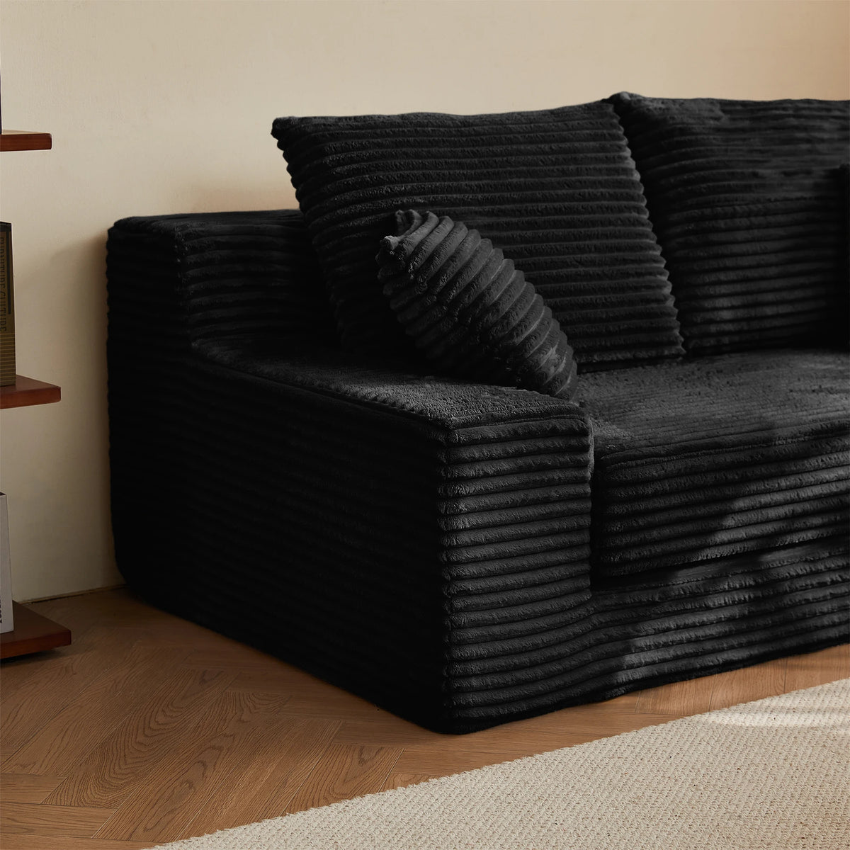 Breathable Black Flannel Fabric Square Modular Loveseat Sofa Bed Pull Sleeper Modern Upholstered Apartment Villa Bedroom Lounge