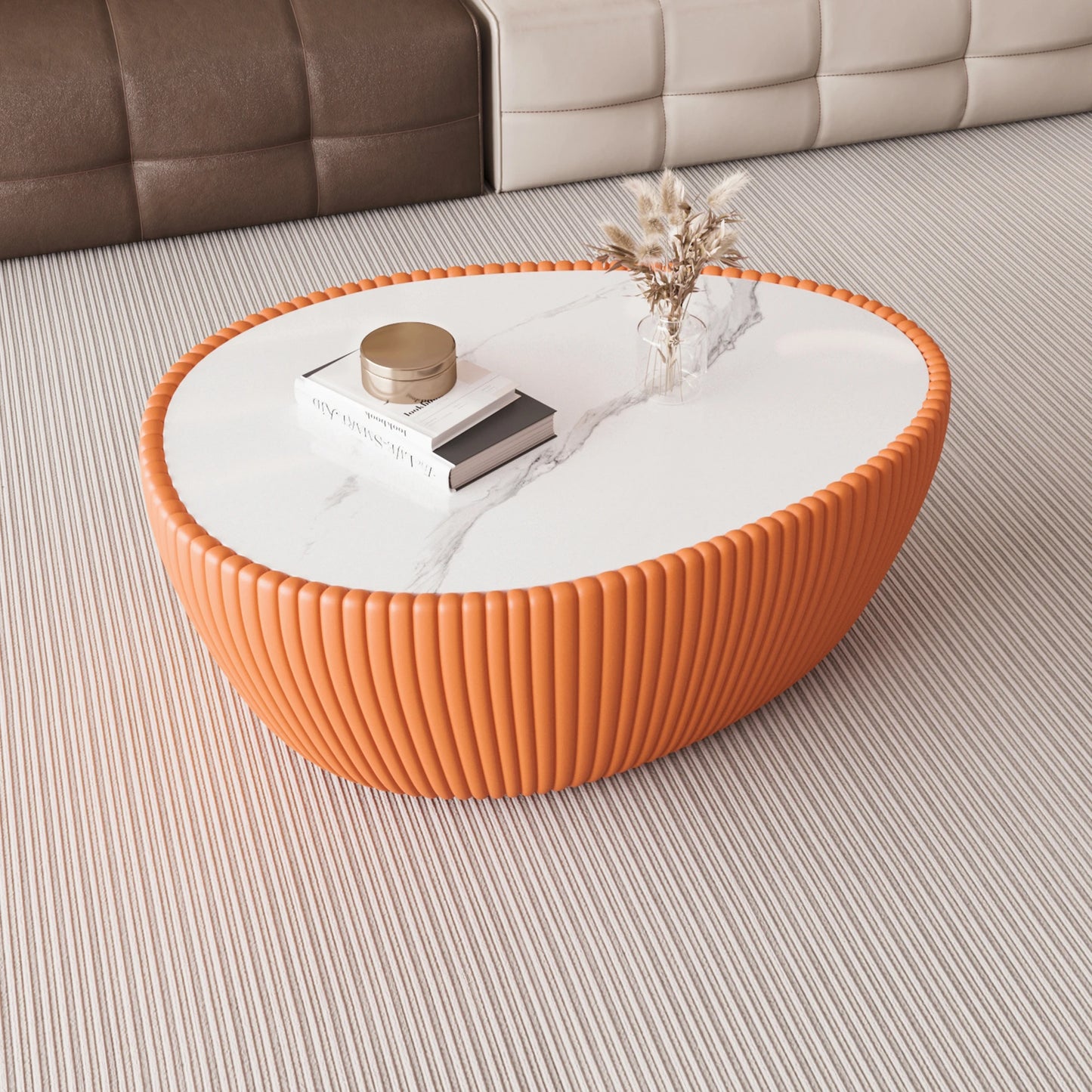 Modern Wood & Marble Top Goose Egg Shape Orange Coffee Table for Living Room Home Furniture