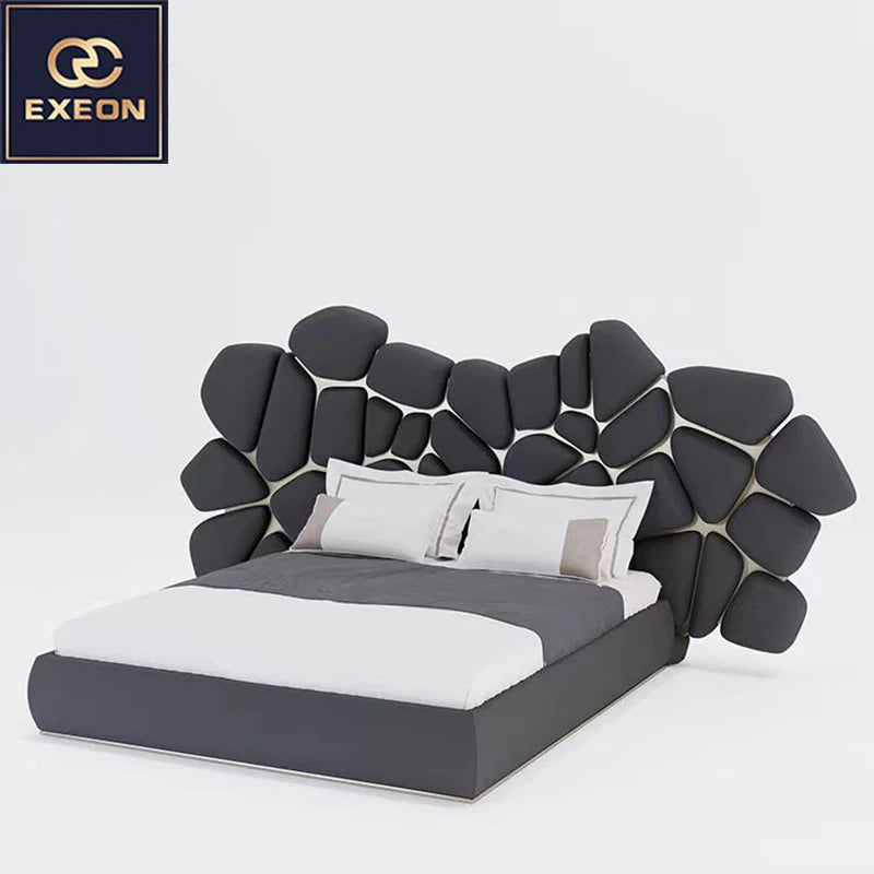 Italian Luxury Leather Double Bed Modern Villa Master Bedroom Furniture Irregular Design of High-end Soft Bed