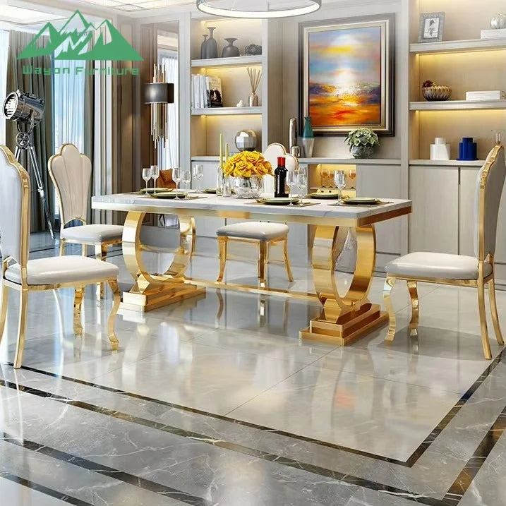 Wayon Hot-Sale Modern 6-Seater Dining Table Set: Stainless Steel Rectangle Frame with Waterproof Marble Top