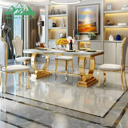 Wayon Hot-Sale Modern 6-Seater Dining Table Set: Stainless Steel Rectangle Frame with Waterproof Marble Top