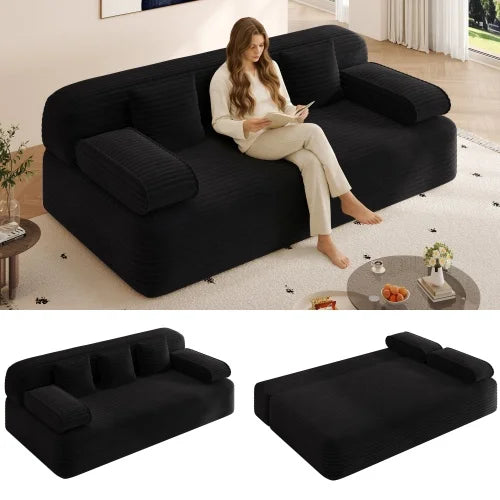 78.7" Frameless Modern Sofa Set 2-in-1 Convertible Sofa Bed with 3 Pillows Plush Corduroy Fabric Multi-Functional 3-Seater Villa