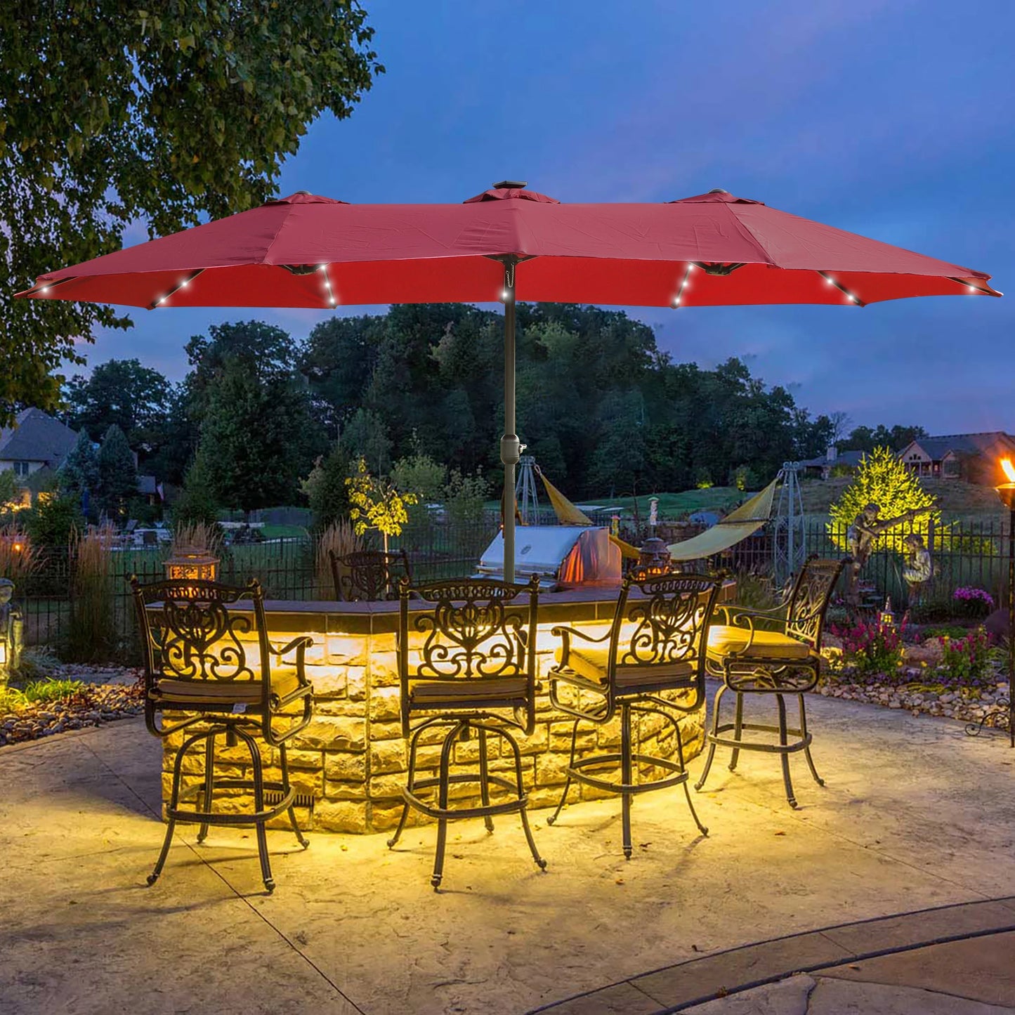 Large 15x9 FT Red Double-Sided Rectangular Outdoor Twin Patio Market Umbrella Foldable and Waterproof with Light and Base