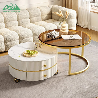 Wayon Modern White Round Nesting Coffee Table Set Gold Frame Storage Drawers Fluted Texture Living Room