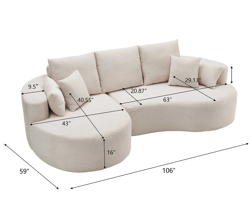 106 In. 2-Piece Modern Reclining Fabric Cloud Curved Sectional Sofa  with Chaise for Villa Living Room Bedroom Apartment-Gray