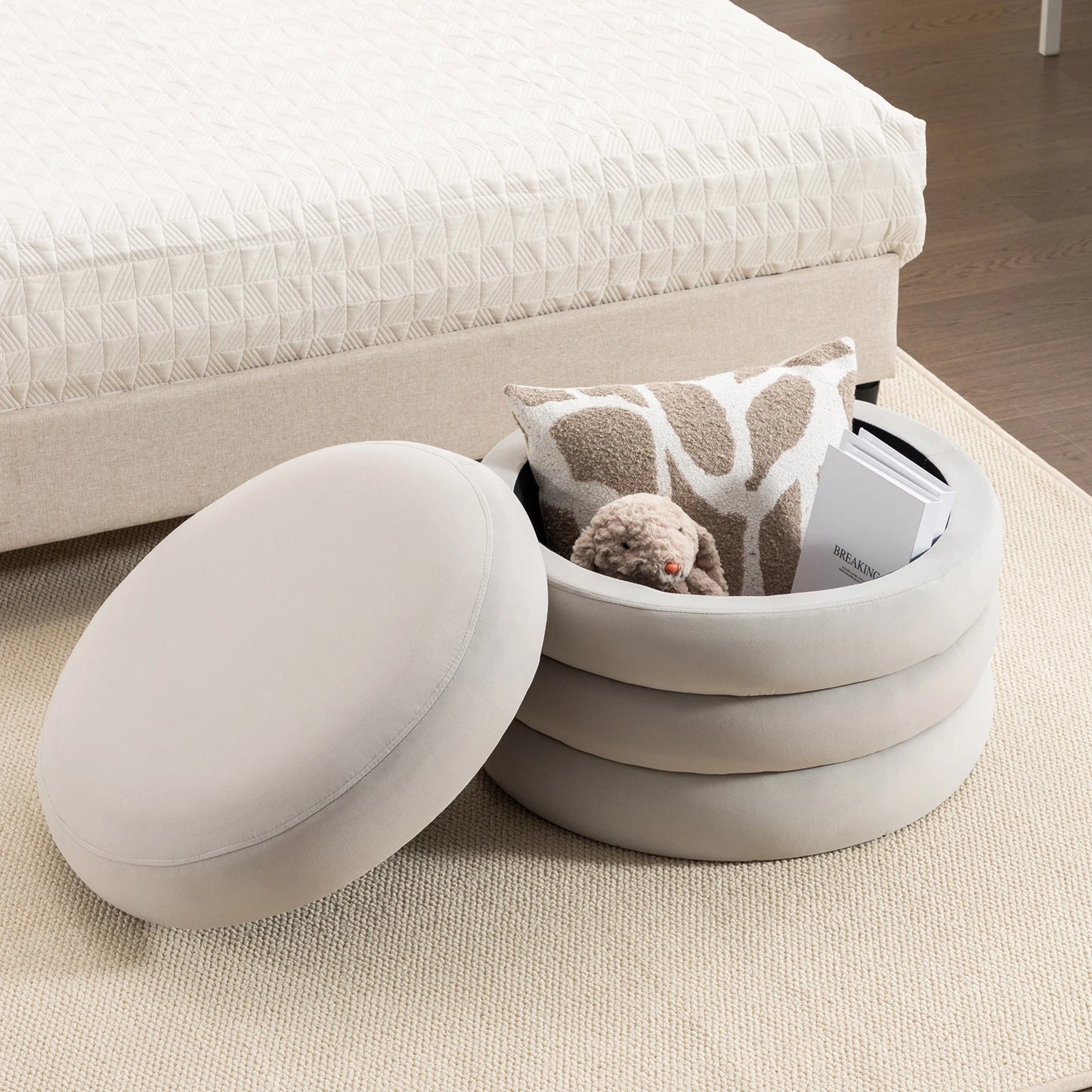 Modern Comfort Upholstered Ottoman with Storage Wood Frame for Home Living Room or Office Furniture