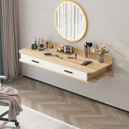 Hanging Wall-mounted Floating Bedroom Makeup Dressing Table Modern Simple Design Panel Rounded Corners Round Mirror Bedside Desk