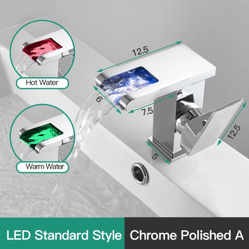 LED mixer tap for washbasin, outdoor decorator with luminous waterfall effect, colors changing according to temperature